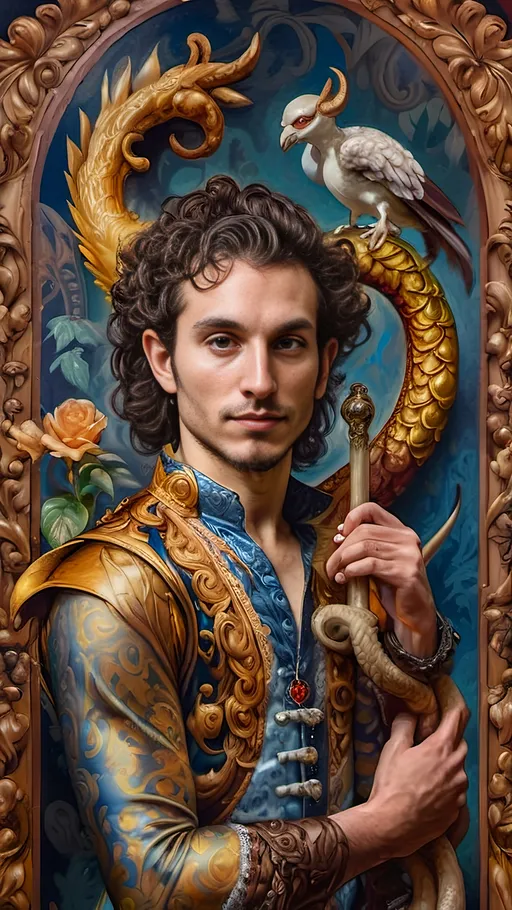 Prompt: A detailed commissioned Renaissance oil painting by Seven Wonders Art Glass Studio of a Magician turning Satyr in Arcadia land of the God Pan honoring Nuit.  painting of a man magician satyr with horns and a skull orb on his wand and bird on shoulder art, a character portrait