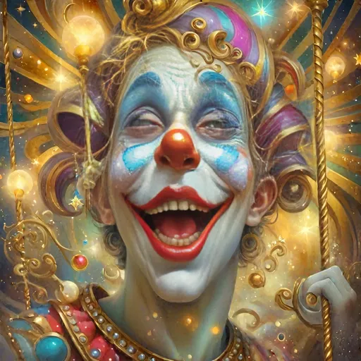 Prompt: Masterpiece painting of a magical clown genie, (surprised expression), riding a whimsical carousel adorned with vibrant colors and intricate details, soft shimmering lights illuminating the scene, (homage to Nuit), dreamy atmosphere, playful and enchanting mood, ultra-detailed, rich textures, surreal elements, background filled with shimmering stars and soft clouds, emphasizing wonder and imagination.