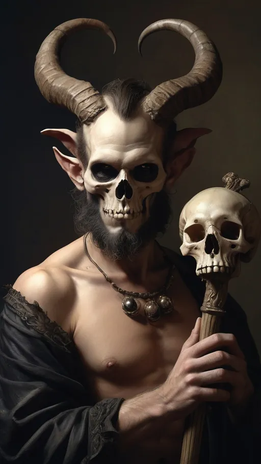 Prompt: (Renaissance still life) (man magician satyr), (horns), holding a cane with skull orc (crow perched on his shoulder), elegant pose, stylized cane topped with a (skull orb)