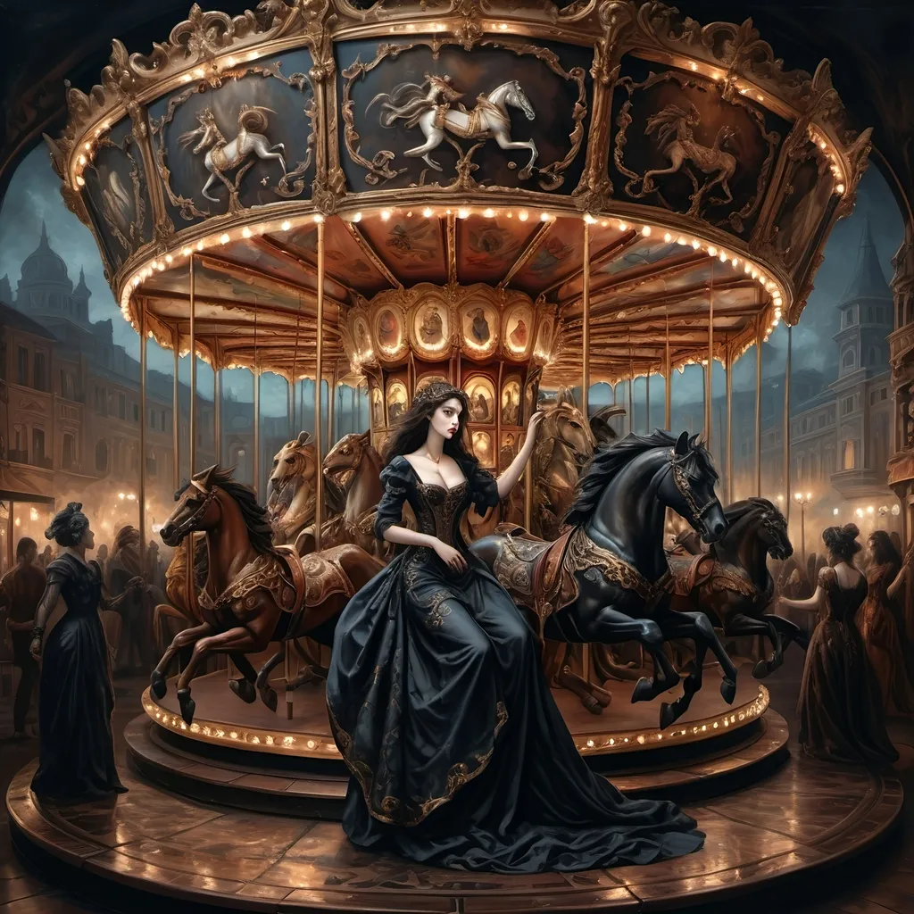 Prompt: (Renaissance style), dark color scheme, (Carousel of Humanity), Hades portrayed elegantly, richly detailed clothing, surrounded by ornate carvings, haunting atmosphere, mystical shadows, ethereal lighting, complex expressions reflecting emotion, intricate background of swirling figures and mythological creatures, dramatic contrast, oil painting quality, ultra-detailed, evocative imagery, capturing the essence of tragedy and beauty.