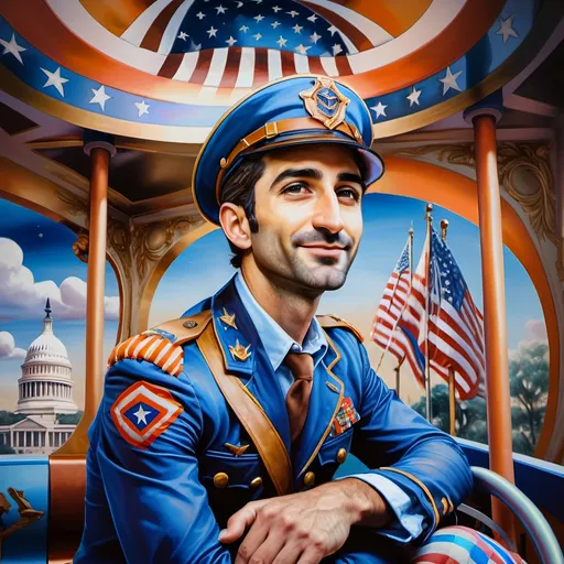 Prompt: (A masterpiece oil painting) of a man in (military uniform), riding the (Carousel of Heroes), vibrant colors highlighting the ornate design of the carousel. The scene is filled with a (nostalgic atmosphere), paying homage to (veterans and active military). Whispering elements of (honor) and (courage) are present, with artistic flourishes emphasizing the essence of (Nuit). The overall feel is (dramatic) and uplifting, portraying both valor and beauty in high definition.