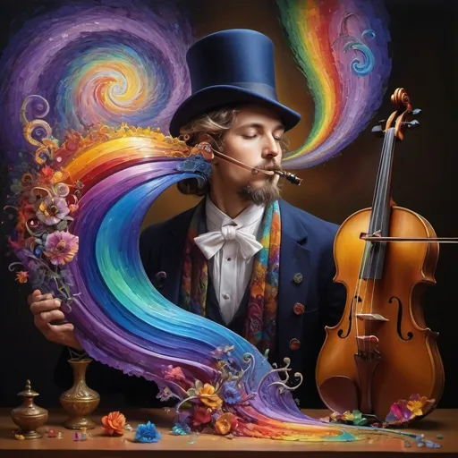 Prompt: art nouveau style, (vibrant colors), painting of a man playing violin, intricate items surrounding him, complex rainbow swirl background, (emotion of harmony and creativity), surreal depiction of sound waves as colors, rhythmic patterns, expressive facial features, ethereal ambiance, whimsical elements, (HD), highly detailed masterpiece.