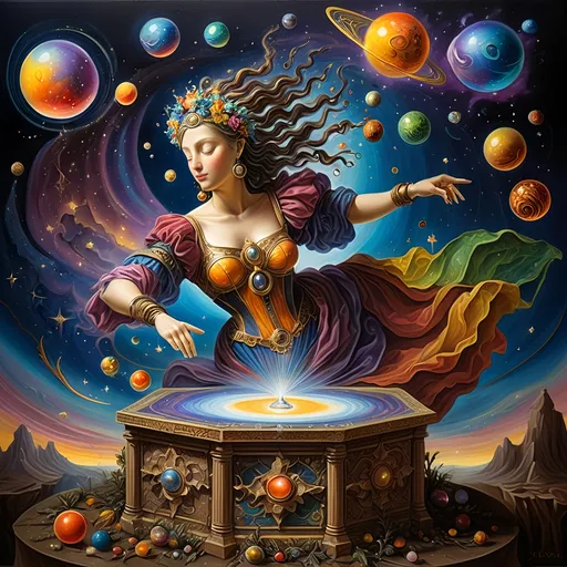 Prompt: (7 Wonders Art Glass Studio masterpiece), oil painting, (honoring Goddess Nuit), vibrant colors, enchanting atmosphere, Renaissance attire, surrealistic elements, Jack-in-the-Box emerging, creator of the universe, sewing the seeds of the universe, celestial motifs, planets depicted with intricate details, festive ambiance, high depth cinematic masterpiece, (cosmic theme) blending ancient and contemporary styles, (ultra-detailed).