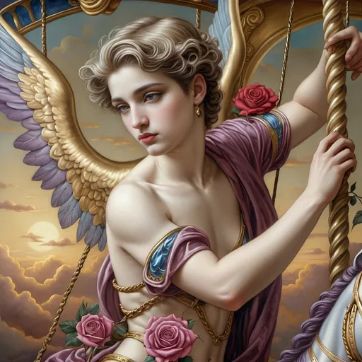 Prompt: a 7 Wonders Art Glass Studio oil painting (honoring Nuit) of the God Eros with a horse on a swing (Carousel of Gods) with wings and a rose on his chest,, Evelyn De Morgan, neoclassicism, highly detailed digital painting, a detailed painting hues of brilliant gold, azure, and purples