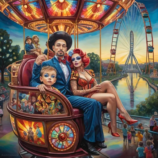 Prompt: (oil painting), psychedelic, a mesmerizing (Drag Queen magician) with an elaborate costume, riding a stunning Ferris Wheel crafted from colorful stained glass, a child sitting in his lap, drag queen story hour, vibrant and surreal, set in D.C.'s Liberty Amusement Park, iconic D.C. monuments and attractions in the backdrop, dramatic lighting, rich colors, ultra-detailed and dynamic composition.