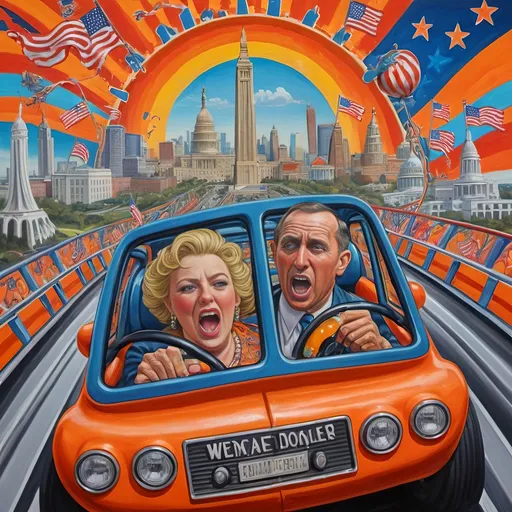 Prompt: (accurately spelled text "Yankee Doodler"), (psychedelic style), (vibrant color scheme), detailed painting, a Russian holding a Florida Orange symbolizing Republican endorsement of Russian authority and control over the U.S., in a thrilling roller coaster car, American flag dramatically waving, intricate Washington D.C. skyline in the background, surreal elements, dynamic perspective, bursting colors, high depth cinematic masterpiece.