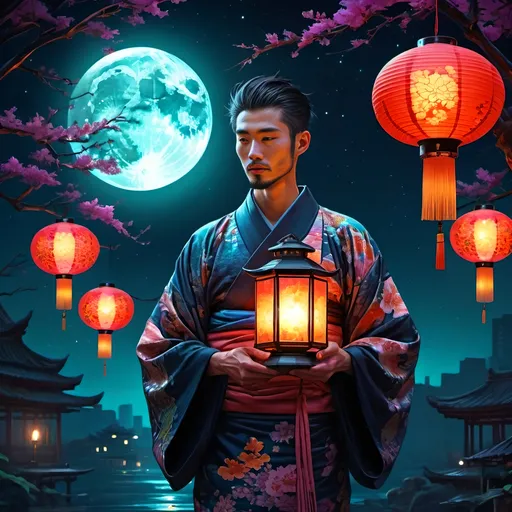 Prompt: (near full moon) a man in a kimono holding a glowing lantern, vibrant lanterns illuminating the background, intricate details in fabric patterns and lantern designs, (fantasy art style), cosmic hues blending into a night sky, (highly detailed digital painting), rich atmospheric depth, (cyberpunk aesthetics) combining tradition with futuristic elements, moody and enchanting ambiance, HD.