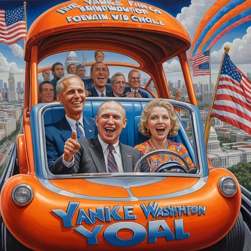 Prompt: (accurately spelled text "Yankee Doodler"), (psychedelic style), (vibrant color scheme), detailed painting, a Russian holding a Florida Orange symbolizing Republican endorsement of Russian authority and control over the U.S., in a thrilling roller coaster car, American flag dramatically waving, intricate Washington D.C. skyline in the background, surreal elements, dynamic perspective, bursting colors, high depth cinematic masterpiece.