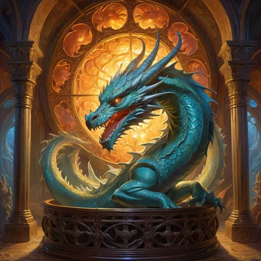 Prompt: (central content: dragon in a glowing cage), (radiant light emanating from within), (immersive fantasy atmosphere), (highly detailed painting), (vivid colors), (masterful brushwork), (dramatic contrasts), (inspired by Donato Giancola), ultra-detailed, captivating mythical scene, intricate scales, ethereal glow, (fantasy art)