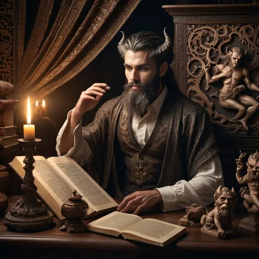 Prompt: Still life portrait of a (graceful demon with beard), seated elegantly at an (exquisitely crafted wooden table), beautifully detailed with intricate carvings, featuring an (open ancient book) beside ornate manuscripts, soft dramatic lighting casting shadows, creating a mysterious and inviting ambiance, rich color tones enhancing the elegance, ultra-detailed, high definition, evocative of timeless allure.