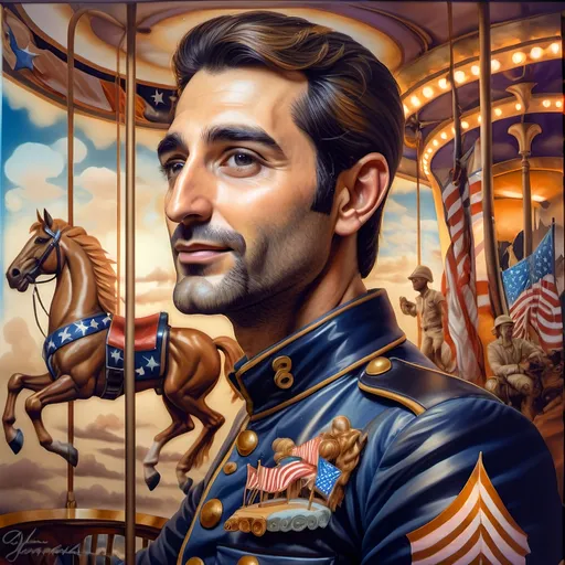 Prompt: (A Seven Wonders Art Glass Studio), oil renaissance painting, (vibrant colors), a man in military uniform, proudly riding on a Carousel of Heroes, surrounded by gracefully carved horses, soft, glowing ambiance, honoring veterans and those serving in the U.S. Military, warm golden lighting, intricate details in the uniform, carousel with richly adorned decorations, respectful atmosphere, high quality, ultra-detailed.