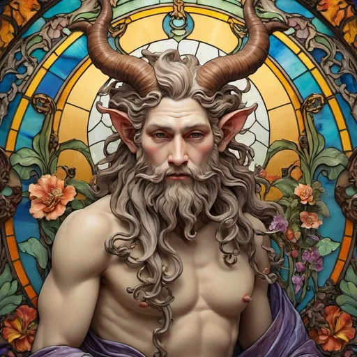 Prompt: (Art Nouveau style) Satyr man, detailed (stained glass and porcelain horns), vibrant colors, intricate (Japanese influence), still-life portrait, lush floral background, artistic elegance, ethereal atmosphere, emphasis on colorful patterns, high contrast, (ultra-detailed), mesmerizing composition, harmonious color palette, luxurious textures, enchanting ambiance, captivating yet serene vibe, artistic masterpiece.