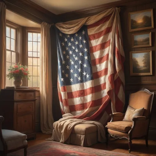 Prompt: (large American flag) dramatically draped in a cozy room, soft and warm ambient light from the lamp, a serene window casting gentle sunlight, (highly detailed) oil painting style, reminiscent of Benjamin West, (fine art painting) atmosphere reflects an inspiring and patriotic feel, rich textures and vivid colors elegantly blending to create depth, (4K) ultra-detailed artwork.