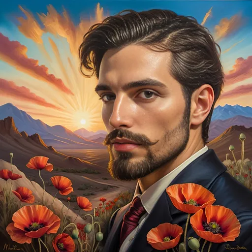 Prompt: A Seven Wonders Art Glass Studio portrait oil painting of a man with a beard in middle of Mojave Desert peak Poppy bloom season. Honoring Nuit