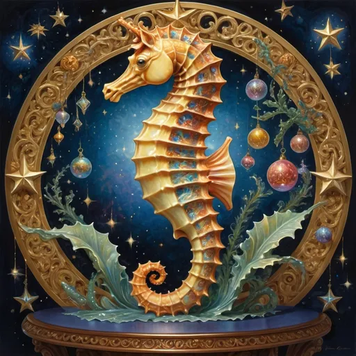 Prompt: (ultra-detailed) painting of a sea horse, magnificently perched on an ornate stand, surrounded by a captivating circular arrangement of (glimmering ornaments) and sparkling stars, with a shining star softly illuminating the background, crafted in the style of Donato Giancola, evoking a sense of enchanting fantasy, vibrant hues, and magical ambiance.