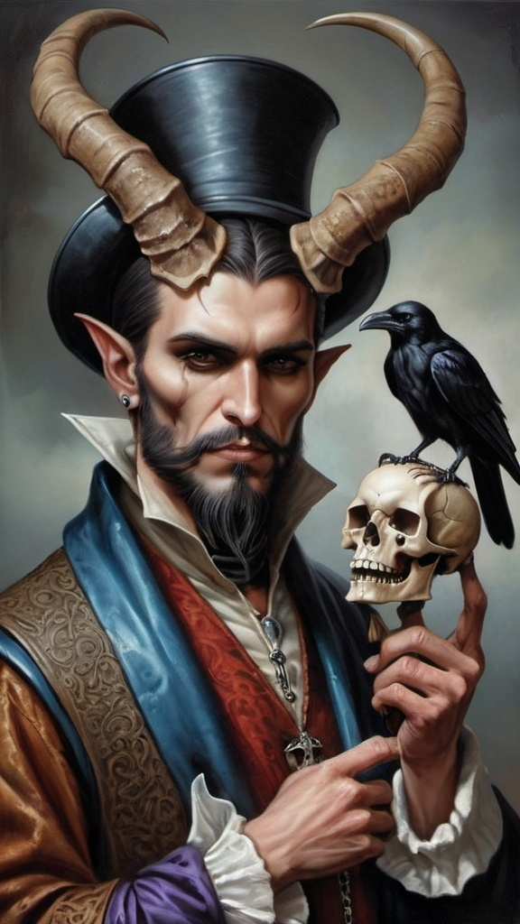 Prompt: a man with a skull and a horned head holding a skull and a crow on his shoulder and a skull in his hand, Anne Stokes, gothic art, dark fantasy art, a fine art painting