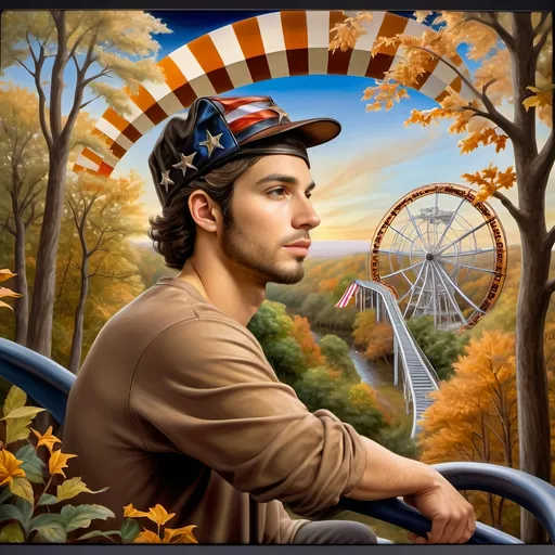 Prompt: A masterpiece painting by A Seven Wonders Art Glass Studio, (vibrant colors), depicting a man in a (patriotic hat) riding the (Freedom rollercoaster) in D.C.’s (new amusement park) named Freedom Park. The background features (dynamic amusement park rides), (lush greenery), and the spirit of (freedom) runs throughout. A symbolic homage to Nuit, with a (breathtaking sky) above, featuring (warm light) detailing and a victorious atmosphere, encapsulated in (ultra-detailed) art.