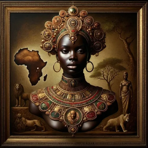 Prompt: (detailed painting of a woman with a headpiece and a lion), (Africa map background), Chinwe Chukwuogo-Roy style, (highly detailed), (afrofuturism), vibrant colors, rich textures, striking contrasts, deep shadows, ethereal light, emotional connection, captivating gaze, bold imagery, artwork that combines cultural heritage with futuristic elements, fine art masterpiece, digital art brilliance.