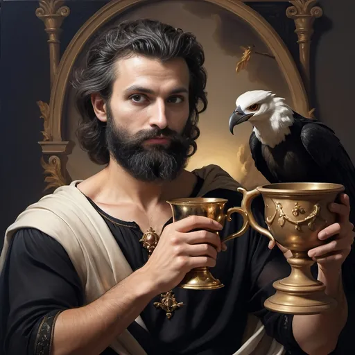 Prompt: (oil painting) Honoring Nuit, a man with a (wisdom-filled beard) holding a harp and a (rich) cup of wine, next to a (gilded golden cup), Ditlev Blunck's artisanal touch, (neoclassical elegance) with (Flemish Baroque influences). The atmosphere reflects reverence and beauty, drenched in (warm, golden tones), evoking the essence of a (divine encounter) that captures a mortal honoring the God Pan. Ultra-detailed, quintessential classical painting.