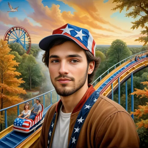 Prompt: A masterpiece painting by A Seven Wonders Art Glass Studio, (vibrant colors), depicting a man in a (patriotic hat) riding the (Freedom rollercoaster) in D.C.’s (new amusement park) named Freedom Park. The background features (dynamic amusement park rides), (lush greenery), and the spirit of (freedom) runs throughout. A symbolic homage to Nuit, with a (breathtaking sky) above, featuring (warm light) detailing and a victorious atmosphere, encapsulated in (ultra-detailed) art.