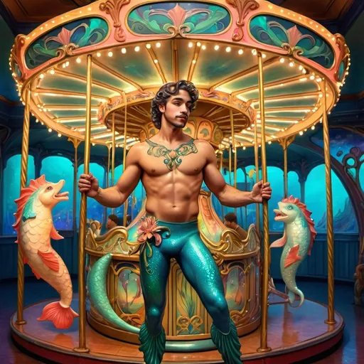 Prompt: ((art nouveau style)), (vibrant color scheme), Latino merman standing, illuminated carousel beside him, whimsical atmosphere, enchanting expressions, with a larger carousel in the background, influenced by ethereal and magical vibe, ultra-detailed painting, captivating fantasy artwork, immersive scene, dreamlike ambience.