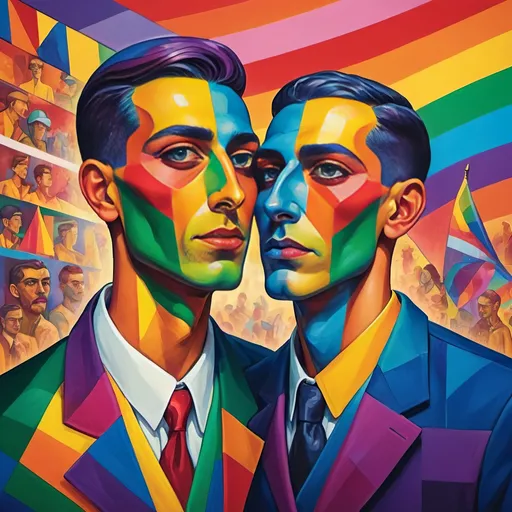 Prompt: (non-binary person), vibrant rainbow background, (rainbow flag) subtly integrated, (two men) depicted in a cubist style, (Christian W. Staudinger) inspiration, (neo-fauvism) influences visible, striking color contrasts, dynamic shapes, emotionally charged atmosphere, (incredible art) in high detail, evolve the themes of identity and inclusivity, 4K resolution, ultra-detailed.