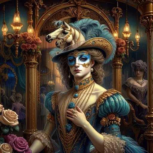 Prompt: Art Nouveau Carousel scene, (elegant woman with horse), (vibrant roses), soft pastel color scheme, (hues of gold and azure), romantic and whimsical atmosphere, detailed decorative elements, intricate designs, enchanting background featuring the (beautiful carousel), ethereal lighting, showcasing the beauty of Nuit, (ultra-detailed, 4K), dreamlike imagery blending nature and artistry.