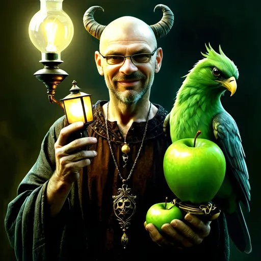 Prompt: (renaissance style), dark color scheme, a man with a horned head, a bird perched on his shoulder, holding a lamp in one hand, a green apple in the other, inspired by Esao Andrews, (highly detailed), fantasy art, character portrait, intricate details, rich textures, dramatic lighting, moody ambiance, ultra-detailed digital painting.