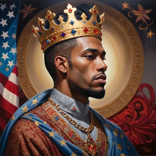 Prompt: (fine art painting) a man wearing a (regal crown), draped with an intricately patterned flag around his neck, soft, ethereal candlelight glowing in the background, rich, deep colors, reminiscent of American romanticism, (captivating brushwork) of Charles Bird King, with modern creativity infused by Tristan Eaton, (ultra-detailed) masterpiece evocative of emotion and grandeur.