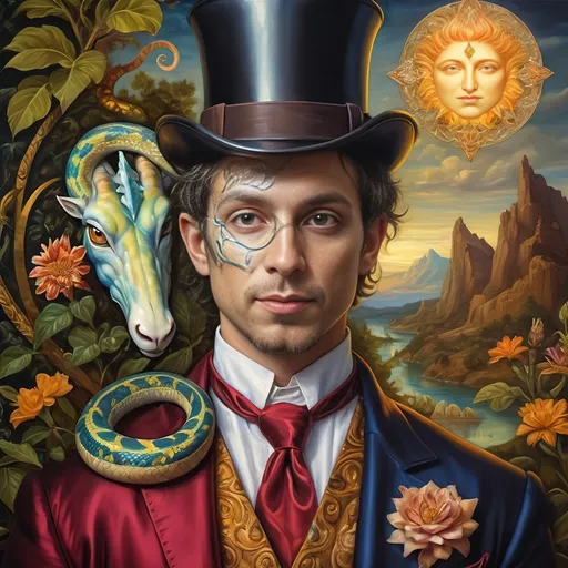 Prompt: (Renaissance portrait masterpiece), a whimsical (@magician) satyr, surrounded by mystique serpent transformation elements, honoring (@Horus) and (@Nuit). Vivid glass art techniques, intricate details, baroque elements, serene Arcadian landscape in the background, rich vibrant colors, warm golden tones, dramatic lighting, ethereal atmosphere that reflects a fusion of mythology and artistry, ultra-detailed HD quality.