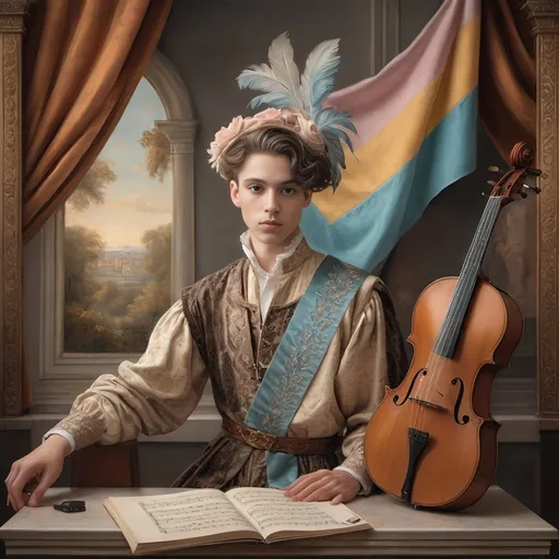 Prompt: (Renaissance-style portrait), honoring a (non-binary musician), capturing artistry and creativity, muted color scheme, rich details, soft lighting, intricate background with classical motifs, thoughtful expression, detailed attire with elegant patterns, emotive atmosphere, subtle textures, high-quality, (ultra-detailed).