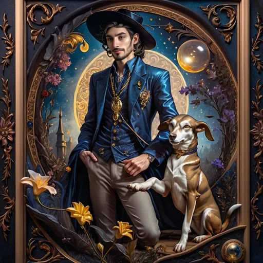 Prompt: (7 Wonders Art Glass Studio), (Renaissance portrait), half man, half goat, elegantly dressed in a suit and tie, beside a loyal dog, encased in a decorative frame adorned with vibrant flowers, lush forest background, exuding a mystical atmosphere, (esoteric themes), reverence for Nuit, high quality, masterful details, rich colors, atmospheric lighting, captivating composition.