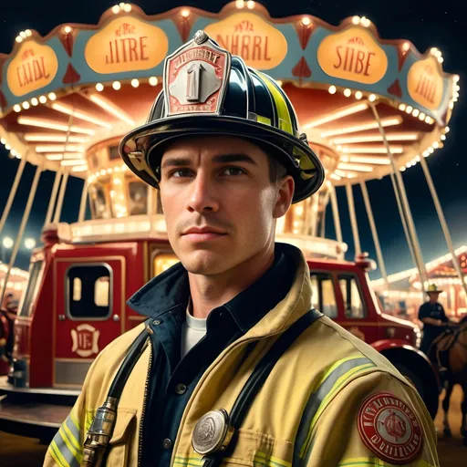 Prompt: (Art deco style), pastel color scheme, (portrait of a firefighter), standing boldly in a fire helmet, in front of a carousel at night, illuminated by soft lights, featuring a graceful horse on the carousel, inspired by David LaChapelle, American scene painting, emotionally evocative, capturing courage and readiness, detailed surroundings, whimsical atmosphere, (photorealistic painting), high quality, ultra-detailed image.