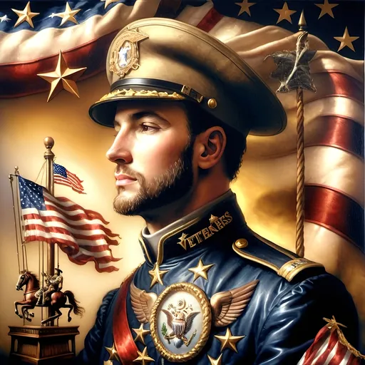 Prompt: A Seven Wonders Art Glass Studio oil renaissance painting of a man in military uniform riding on Carousel of Heroes.  Honors veterans and those serving in U.S. Military.  Honoring Nuit.  