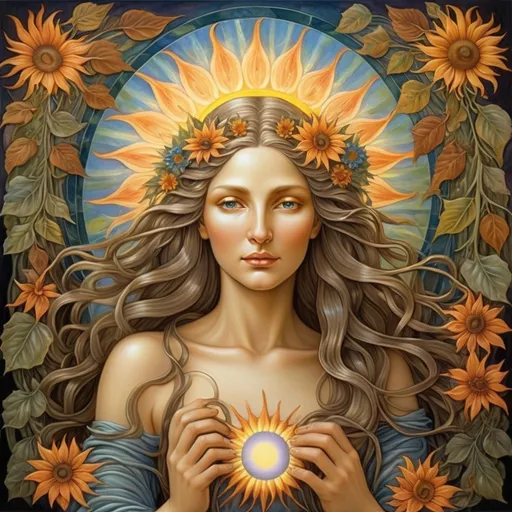 Prompt: a 7 Wonders Art Glass Studio Renaissance Period Art oil painting of a woman goddess (honoring the Goddess Nuit) with long hair and a sun (her companion) in the background, surrounded by flowers and leaves, Amanda Sage, fantasy art, autumn, a fine art painting