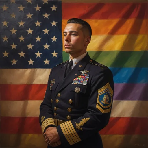 Prompt: (painting of a man in uniform), (full body portrait), Adrian Zingg, (American realism style), (character portrait), vibrant and dynamic colors, dramatic lighting, strong emotional atmosphere, detailed textures of the uniform, background featuring a flag alongside a rainbow flag, emphasizing unity and pride, ultra-detailed, evocative representation of identity and strength.