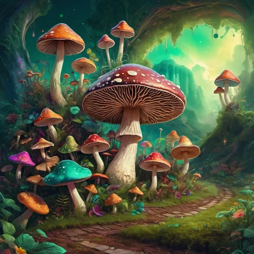 Prompt: (psychedelic mushroom), surrounded by vibrant, whimsical elements floating in the colorful sky and layered on the ground, (fantasy artwork) style, rich shades of green and other saturated colors, dynamic patterns, an enchanting atmosphere, intricate details, digital art, dreamlike quality, (ultra-detailed) visualization, limitless imagination.