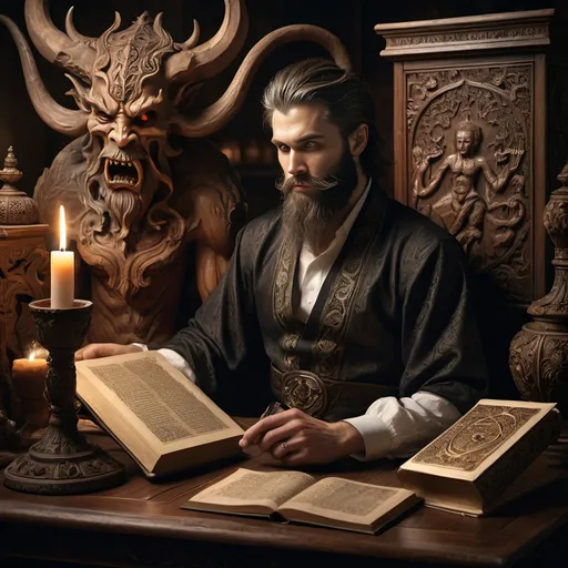 Prompt: Still life portrait of a (graceful demon with beard), seated elegantly at an (exquisitely crafted wooden table), beautifully detailed with intricate carvings, featuring an (open ancient book) beside ornate manuscripts, soft dramatic lighting casting shadows, creating a mysterious and inviting ambiance, rich color tones enhancing the elegance, ultra-detailed, high definition, evocative of timeless allure.