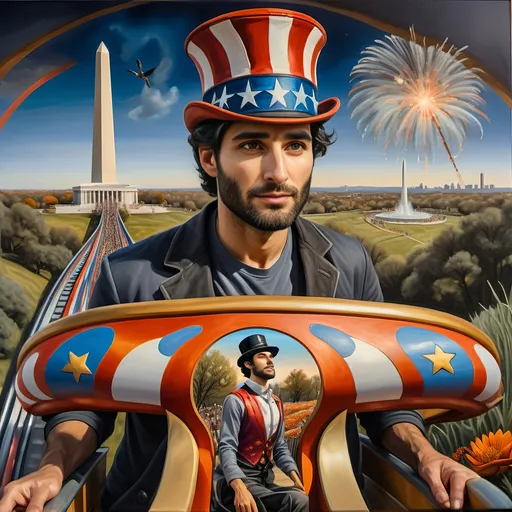 Prompt: (Acrylic painting of a magician man), wearing a (patriotic top hat), joyfully riding a (whimsical rollercoaster) in Liberty Park, with (HD details), vibrant colors, and enchanting motifs. The scene features the (Washington Monument) in the background, as well as the phrase (accurately spelled text "Yankee Doodle"). An aura of celebration and magic surrounds the image, honoring Nuit and the Aeon of Horus.