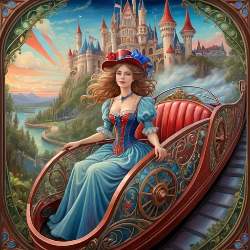 Prompt: (Renaissance oil on canvas) fine detail, (Art Nouveau style), whimsical Americana theme, soft pastel color scheme, enchanting atmosphere, magical roller coaster, woman magician in mask, expertly crafted stained glass first roller coaster car, elements of patriotism, intricate details, unique attractions, lush park landscape, enchanting fairytale ambiance, high quality, ultra-detailed, inviting and cheerful vibe, beautiful fantasy illustration showcasing patriotic enchantment.