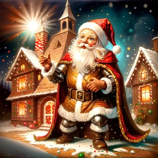 Prompt: An oil on canvas a knight dressed as a santa clause (in honor of Nuit) in a dark city with a light shining on him and a red cape, Ernest William Christmas, antipodeans, epic fantasy character art, concept art