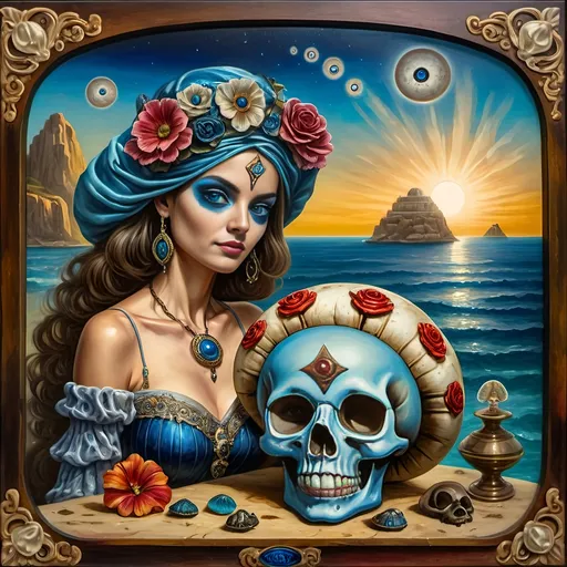 Prompt: (7 Wonders Art Glass Studio masterpiece), oil painting, (honoring Nuit), magical mushroom, (vibrant blue shell), (striking blue eye), Eye of Horus, rich textures, dreamy atmosphere, whimsical background, stars and cosmic elements, (ethereal lighting), enchanting details, high-quality, ultra-detailed composition, surreal and imaginative style.