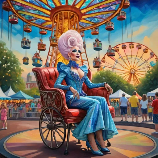 Prompt: (oil painting), (vibrant and surreal), mesmerizing (Drag Queen magician), elaborate costume, stunning Ferris Wheel crafted from colorful stained glass, a joyful child sitting in his lap, drag queen story hour, set in D.C.'s Liberty Amusement Park, iconic D.C. monuments illuminating the background, enchanting atmosphere, rich details and textures, high quality, 4K, deeply expressive colors capturing the whimsical and magical essence.