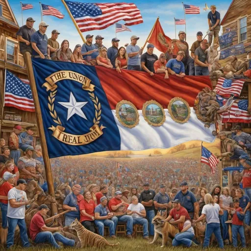 Prompt: (accurately spelled text "the real union"), painting of a flag, intricate details, surrounding people and animals, (regionalism), airbrush technique, highly detailed digital art, vibrant colors, dynamic composition, textured background, harmonious atmosphere, showcasing unity and diversity, emphasizing themes of community and teamwork, ultra-detailed, capturing depth and emotion, evocative imagery.