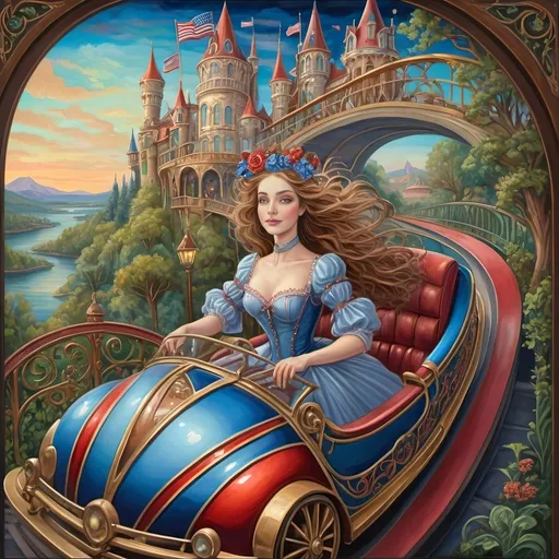 Prompt: (Renaissance oil on canvas) fine detail, (Art Nouveau style), whimsical Americana theme, soft pastel color scheme, enchanting atmosphere, magical roller coaster, woman magician in mask, expertly crafted stained glass first roller coaster car, elements of patriotism, intricate details, unique attractions, lush park landscape, enchanting fairytale ambiance, high quality, ultra-detailed, inviting and cheerful vibe, beautiful fantasy illustration showcasing patriotic enchantment.