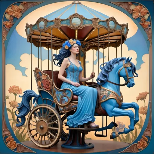 Prompt: Carousel of Diversity, (art nouveau style), (vibrant color scheme), a woman in a wheelchair joyously riding a beautifully crafted carousel with ornate horses, (blue flower in her hair), (Caroline Chariot-Dayez), figurative art, dystopian elements blending with art deco sculpture, whimsical yet haunting ambiance, richly detailed background with whimsical flowers and muted sky illuminating with warm tones, (ultra-detailed).