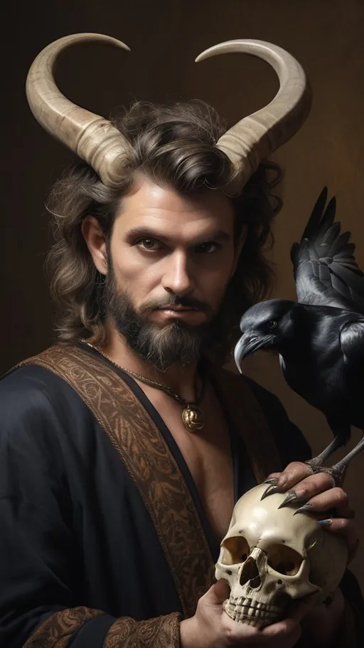 Prompt: (Renaissance still life) (man magician satyr), (horns), holding a cane with skull orc (crow perched on his shoulder), elegant pose, stylized cane topped with a (skull orb)