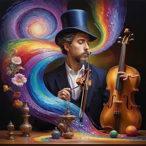 Prompt: art nouveau style, (vibrant colors), painting of a man playing violin, intricate items surrounding him, complex rainbow swirl background, (emotion of harmony and creativity), surreal depiction of sound waves as colors, rhythmic patterns, expressive facial features, ethereal ambiance, whimsical elements, (HD), highly detailed masterpiece.