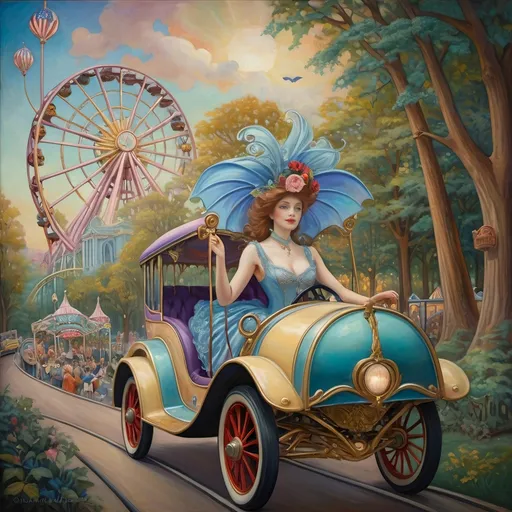 Prompt: (Renaissance oil on canvas), (Art Nouveau style), (pastel color scheme), enchanting amusement park titled “Liberty Park” in D.C., magical and whimsical atmosphere, intricate fine details, vibrant rides themed around Americana and patriotism, spectacular stained glass roller coaster, woman magician in a striking mask, elegantly poised in the first car, dreamy surroundings, enchanting woods in the background, (ultra-detailed, HD).