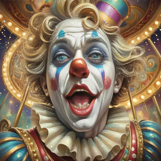 Prompt: Masterpiece painting of a magical clown genie, (surprised expression), riding a whimsical carousel adorned with vibrant colors and intricate details, soft shimmering lights illuminating the scene, (homage to Nuit), dreamy atmosphere, playful and enchanting mood, ultra-detailed, rich textures, surreal elements, background filled with shimmering stars and soft clouds, emphasizing wonder and imagination.